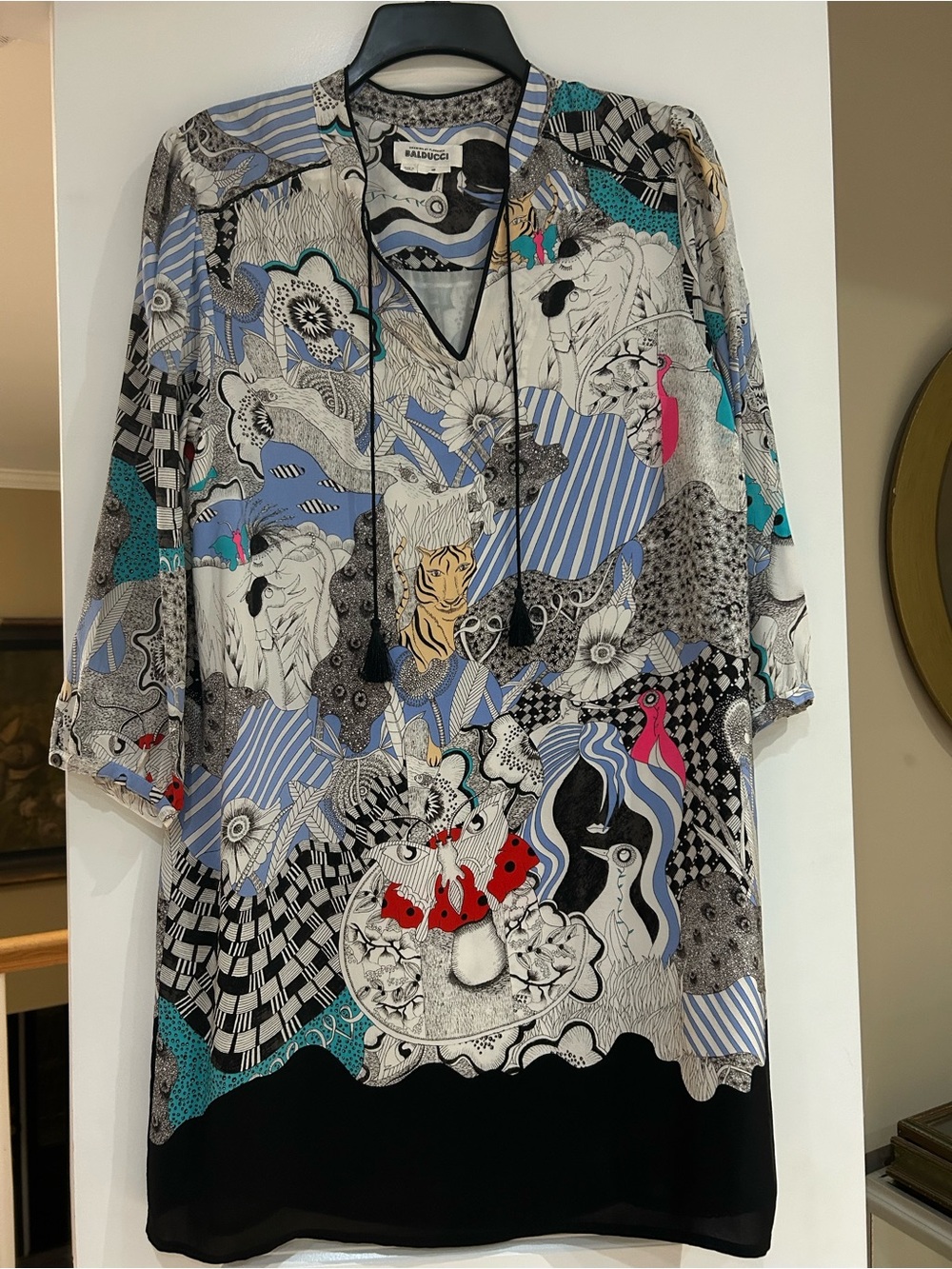 Emilio Pucci-Inspired Multicolor V-Neck Mini Dress in Blue and Black